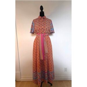Gretchen Scott Orange Pink Paisley Boho Floral Maxi Dress, US S
